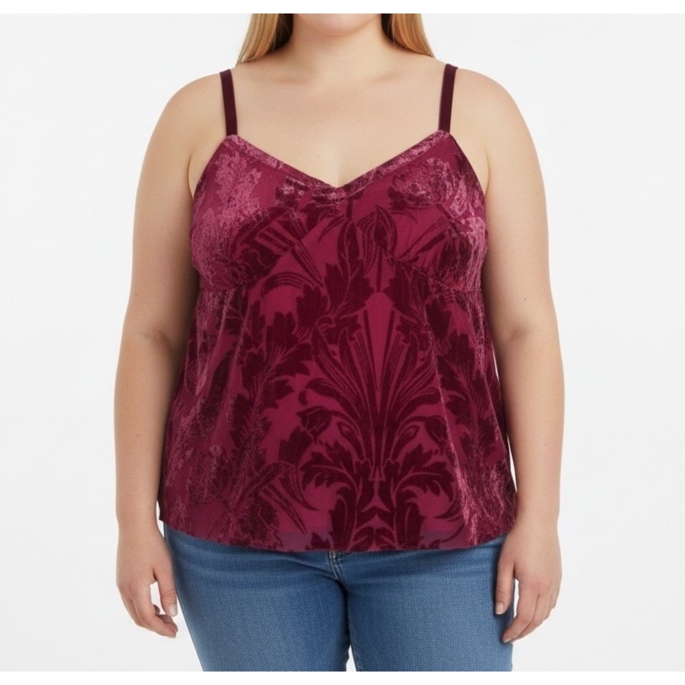 Merona Y2K Babydoll Floral Burgundy Velvet Burnout Tank Top Cami Plus 24W 26W